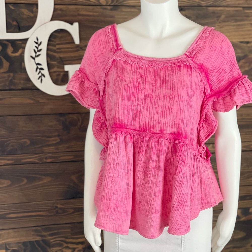 Bibi | Mineral Wash Gauze Ruffle Blouse Deep Square Neck Hot Pink Raw‎ Frayed